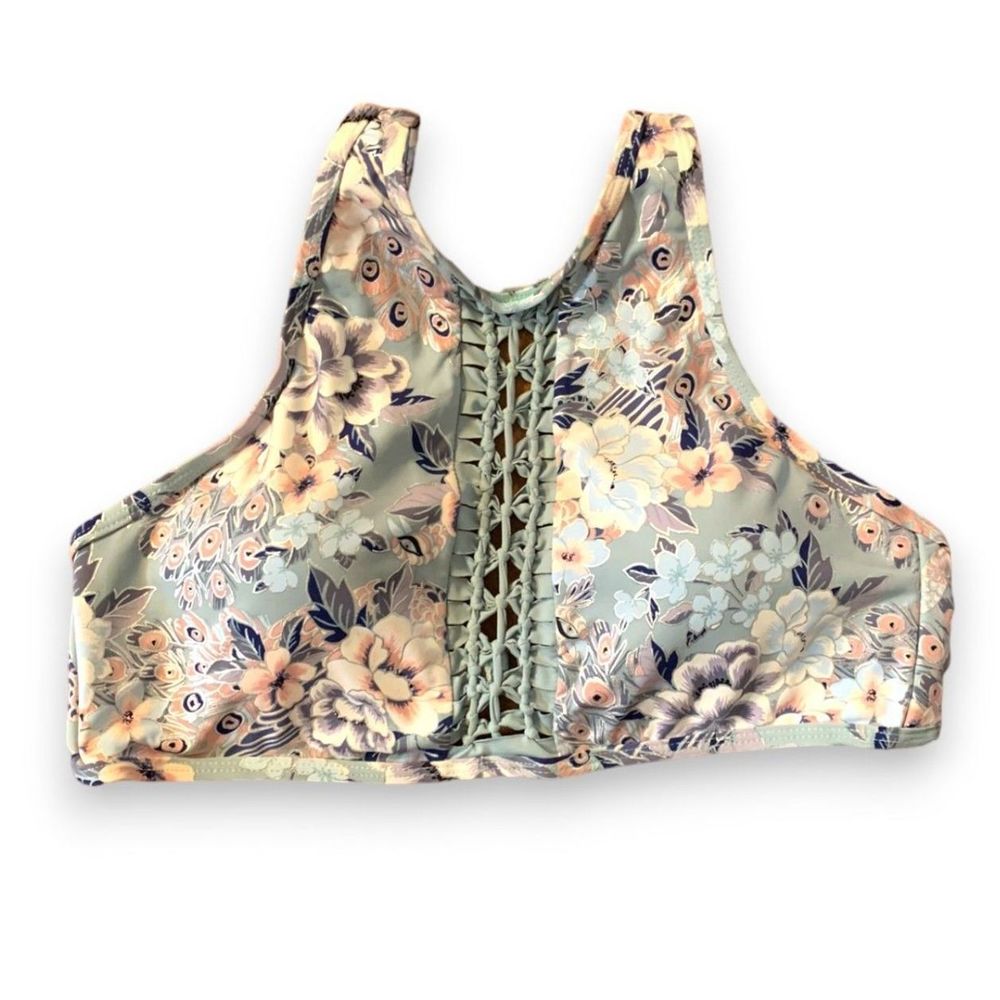 Ambrielle Sage Green Floral Print Bikini Swim Top Lacing Design Size L